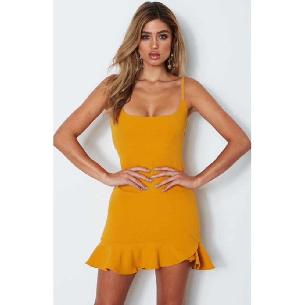 Mustard white fox boutique cocktail dress
